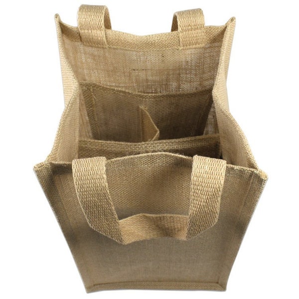 Natural Jute Burlap 4 Bottle Wine Tote Bag Reusable Jute Wine Carrier w/ Divider * free shipping *