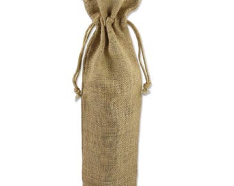 May include: A natural brown burlap wine bottle bag with a drawstring closure. The bag is made of a coarse, woven fabric and has a rustic look.
