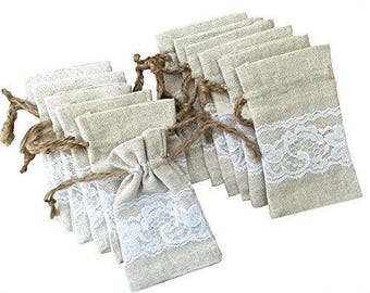 May include: A set of 12 small burlap bags with white lace trim. The bags are tied with twine and are perfect for small gifts or favors.
