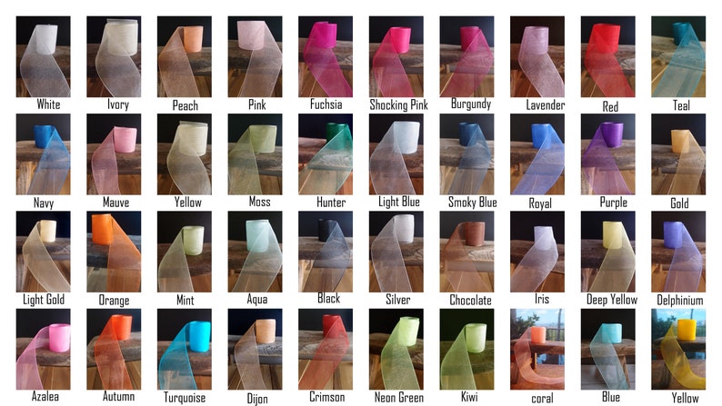 May include: A collection of various colored sheer ribbons, each rolled and displayed with a matching color label. Colors include white, ivory, peach, pink, fuchsia, shocking pink, burgundy, lavender, red, and teal.