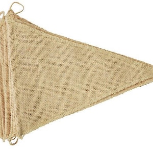 May include: A set of beige burlap triangle flags strung together with twine. The flags are made of a natural, woven fabric and have a rustic, farmhouse aesthetic.