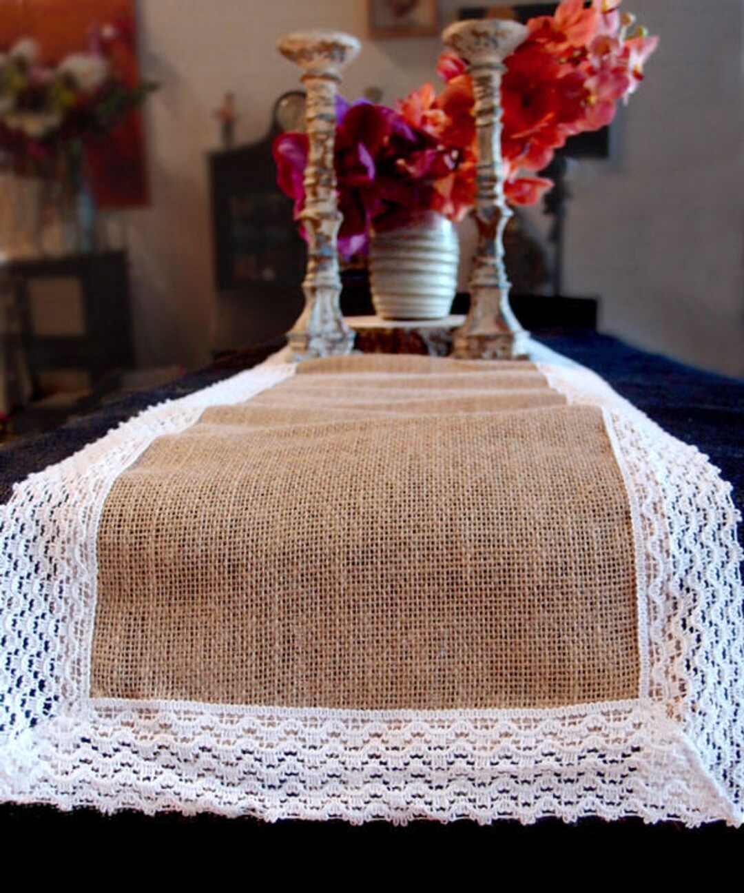 Natural Burlap Jute & WHITE Lace Table Runner 12 1/2 X 108 Free ...