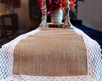 Natural Burlap Jute & WHITE Lace Table Runner - 12 1/2" X 108" * free shipping *