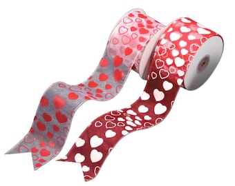 Flock Heart Organza Wired ribbon Love 25 Yards - Choose Size/ Prints * free shipping *