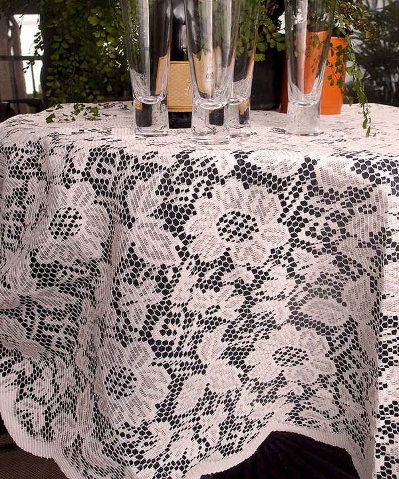 60-inch Round Ivory Floral Lace Crochet Tablecloth Vintage Inspired ...