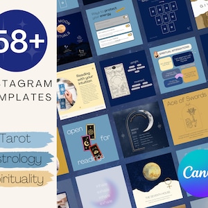Oltre 58 modelli di post Instagram per lettori di tarocchi/modelli Canva/completamente modificabili/astrologia, spirituale, celeste, magica