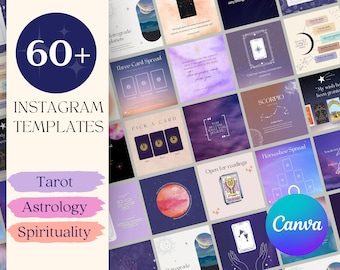 May include: A collection of 60+ Instagram templates for tarot, astrology, and spirituality. The templates feature a variety of designs, including celestial bodies, tarot cards, and astrological symbols. The templates are designed to be used with Canva.