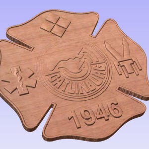 May include: A wooden emblem in the shape of a Maltese cross. The emblem features the text "GATLINBURG 1946" in a circular design, along with other carved symbols, including a star of life, a square, and a pair of crossed axes.
