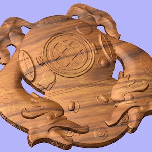May include: A wooden carving of a diving helmet with two stylized fish flanking the sides. The helmet is brown and has a round window and a small hatch. The fish are brown and have a stylized design.