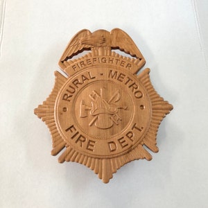 Rural Metro Fire Department Badge, Solid Cherry, Local Pick Up