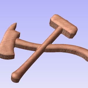 May include: A wooden sculpture of a hammer and sickle, a symbol of communism, in a brown color.