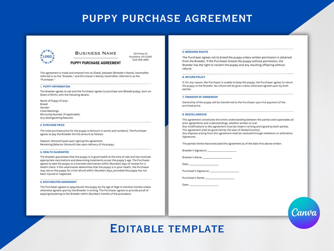 Breeder Contract, Breeder Puppy Pack, Breeder Forms, Dog Breeder Form
