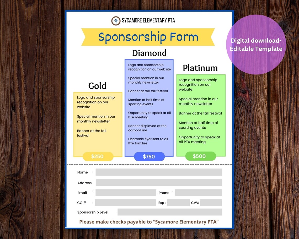 PTA Sponsorship Form, Sponsorship Levels, Sponsorship Menu, PTA Flyer Canva, Pta Forms, Pta