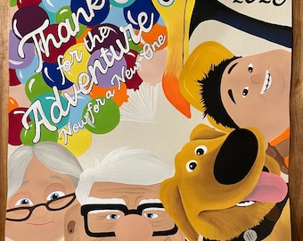 Puede incluir: Una impresión cuadrada con una ilustración colorida de dos personas mayores, un niño, un pájaro grande y un perro dorado. El texto dice "Thanks for the Adventure Now for a New One" con "2025" en la esquina, rodeado de muchos globos.
