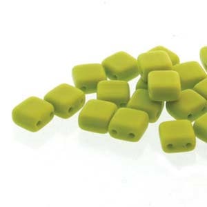May include: A collection of square, olive-green beads with rounded edges. Each bead has two holes for stringing. The beads are scattered against a white background, suggesting they are for jewelry making or crafts.