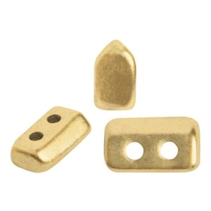 May include: Three gold-colored metal beads in different shapes. One bead is rectangular with two holes, another is rectangular with rounded edges and two holes, and the third is a rounded, bullet-shaped bead. The beads are displayed against a white background.