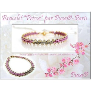May include: A pink and gold bracelet with a delicate design. The bracelet is made with small beads and has a clasp closure. The bracelet is called "Prisca" and is by Puca®-Paris.