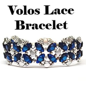 May include: A blue and silver beaded bracelet with the text "Volos Lace Bracelet".