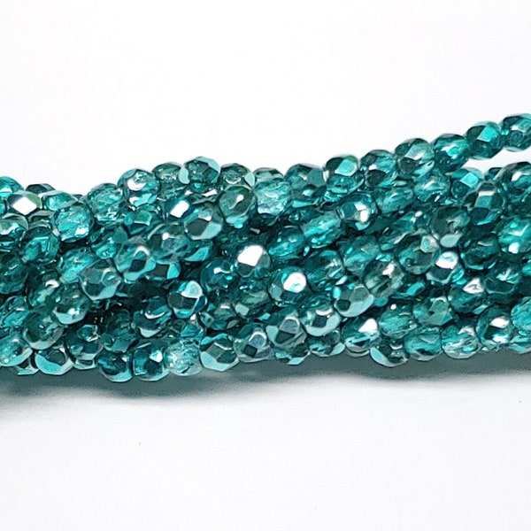 3mm Fire Polish, Crystal Marine Metallic Ice, Czech Glass Faceted Round, 00030-67642, 50 Beads