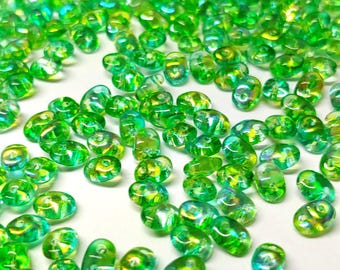 SuperDuo Summer Rainbow Green, Czech Glass  2-hole bead 2.5mm x 5mm-00030-48110, 10 grams