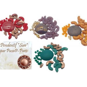 May include: Assortment of colorful beads and pendants for jewelry making. The beads are in various shapes, including crescent moons and round discs. The colors include red, purple, orange, green, and copper.
