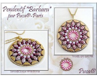 May include: A gold pendant necklace with a pink and burgundy beaded design. The pendant is round and features a floral pattern. The text "Pendentif "Barbara" par Puca®-Paris" is visible in the image. The pendant is made with Samos® Opaque White Bronze and Tinos® Light Gold Mat beads.