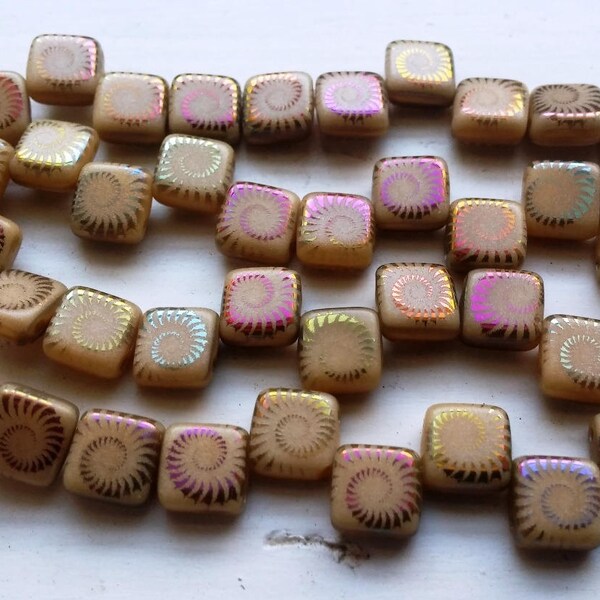 Laser Etched Ivory Opaque w/ Rainbow Finish 2-Hole Tile 6mm Czech Glass 3149, Qty 25 Beads