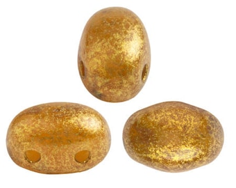 May include: Three gold-colored glass beads with a speckled finish. The beads are oval-shaped with two holes on each side.
