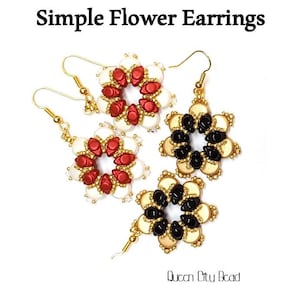 May include: Three pairs of flower-shaped earrings with gold-coloured wire and beads. One pair has red beads, one pair has black beads, and one pair has white beads.