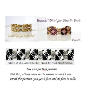 May include: A close-up of a black and white beaded bracelet with a geometric pattern. The bracelet is made with Helios Jet Silver, Arcos Old Silver, Minos Jet, and Piros Argentees Silver beads. The text "Free with par Puca purchase" is written below the bracelet. The text "Put the pattern name in the comments and I can email the pattern, you get it free and no fees to seller" is written below the text "Free with par Puca purchase".