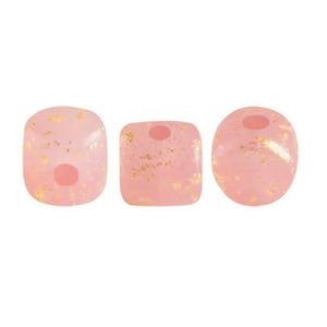 May include: Three pink beads with gold flecks. The beads are in different shapes: a rounded square, a square, and an oval. Each bead has a hole for stringing.