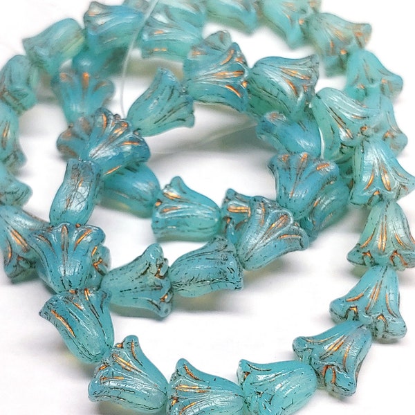 Lily Bead 9x10mm, Aqua Blue Opaline with Dark Bronze Wash, Flower Bead 10 beads