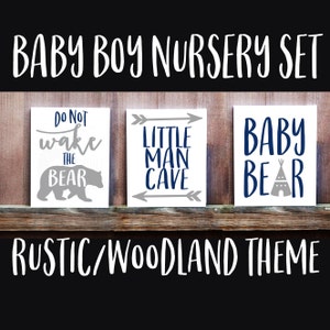 Nursery Signs, Baby Boy Nursery Set of Three, Rustic Nursery, Woodland Nursery, Little Man Cave Sign, Baby Bear Sign, Baby Shower Gift
