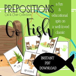 Puede incluir: Un juego de pescar imprimible con temática de gato y silla. Las cartas presentan ilustraciones de gatos y sillas con palabras de preposición como "en", "alrededor de" y "cerca de".