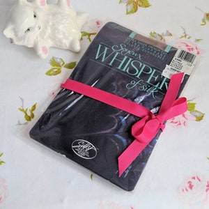 WHISPER OF SILK - deadstock vintage stockings, silky sheer nylon pantyhose, kitsch packaging, ultra sheer french cut, Size M Nutmeg (1980s)