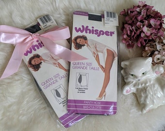 DEADSTOCK WHISPER PANTYHOSE - vintage queen size tights, kitsch pin-up packaging, charcoal nylon stockings, retro hosiery (1970s 1980s)