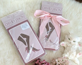 DAVID JASON STOCKINGS - deadstock vintage tights in original kitsch packaging, elegant taupe nylon legs (1980s 1990s)