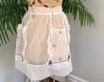 SHEER WHITE APRON - vintage white chiffon apron, violet floral details, embroidered lacy hostess apron, retro mid-century pin-up (1950s)