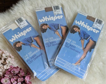 DEADSTOCK WHISPER PANTYHOSE - vintage one size nylon stockings, kitsch pin-up packaging, soft beige tights, retro hosiery (1970s 1980s)