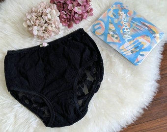 VITTOZIA - Deadstock vintage panties, inky black sheer floral lace high waist briefs, small pink ribbon rose, kitsch packaging (1970s 1950s)