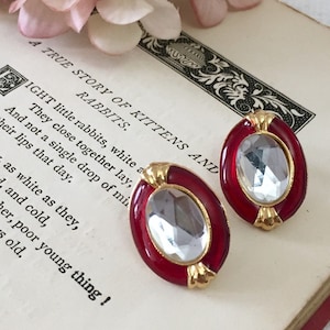 VINTAGE CRYSTAL EARRINGS - red and gold setting, oval formal post earrings, retro glamour, luxurious pin-up jewelry (1950s 1960s)