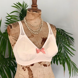 NEJLA - vintage peach soft cup bra, classic beige brassiere, satin bow bralette, retro pin-up lingerie (1970s 1990s)