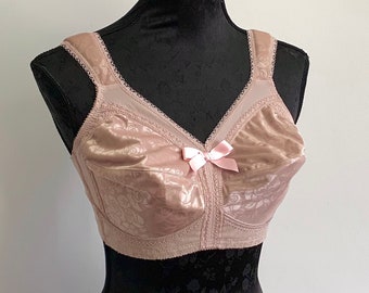 AMALIA - vintage soft cup bullet bra, cool tan floral satin brassiere, pastel pink bows, retro pin-up foundation lingerie (1990s does 1960s)