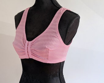 MAYLIA - vintage front closing soft cup bra, retro geometric stretch satin bralette, hand-dyed pastel peony pink cozy lingerie (1980s)