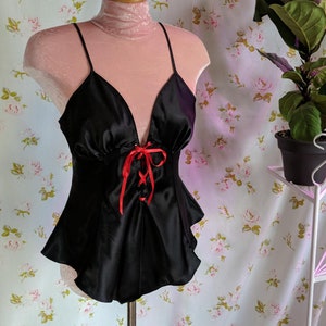 JENNIFER - vintage black satin teddy, inky lace up playsuit blood red ribbon ties, lingerie bodysuit onesie, goth retro sleaze (1990s Y2K)