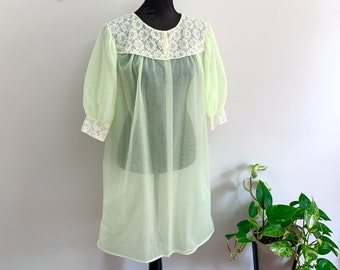SHEILA - vintage sheer lime peignoir robe, neon green housecoat, ivory lace dressing gown, retro pin-up lingerie loungewear (1950s 1960s)