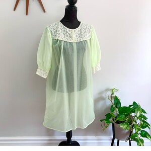 SHEILA - vintage sheer lime peignoir robe, neon green housecoat, ivory lace dressing gown, retro pin-up lingerie loungewear (1950s 1960s)