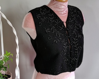 VINTAGE BEADED VEST - jet floral beadwork embroidery, merino wool button down tunic top, unique retro 80s does 40s sweatervest (1980s 1990s)