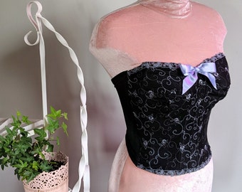 NINA - vintage bustier, inky black strapless longline bra, pastel floral lace shapewear, bow coquette retro avon lingerie top (1980s 1990s)
