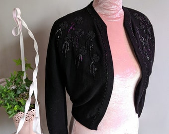 VINTAGE BEADED CARDIGAN - jet bead embroidery, inky black button down wool sweater, artisan made midcentury pin-up jacket rare (1950s 1960s)